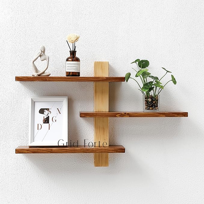 GRID FORTE Wood 3 Tier Floating Shelf, Large Minimalist Wall Shelves, Mid Century Modern Furniture, Art Deco, Plant Rock Crystal Shelving for Bedroom Living Room Office Bathroom