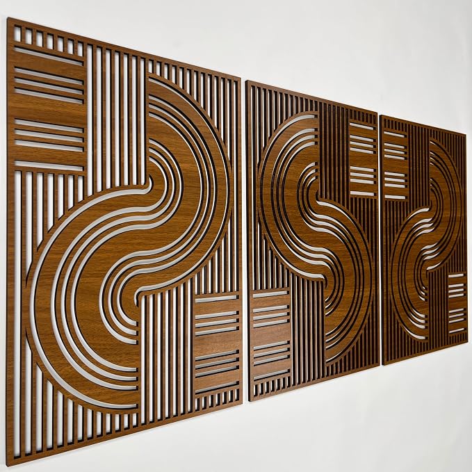 Boho Lines Wood Wall Art Set of 3, Mid Century Modern Geometric Balance Wooden Decor, Extra Large Abstarct Wall Panels, New Home Accent for Living Room and Bedroom