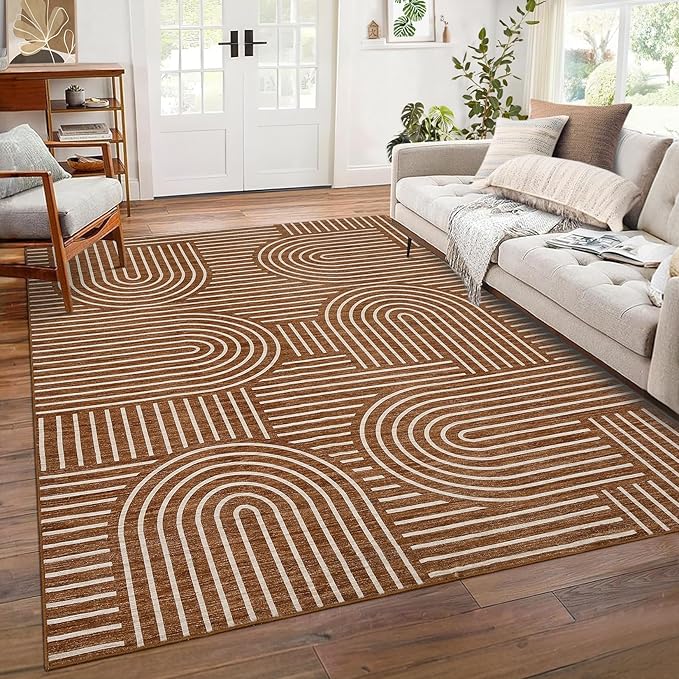 Washable Rug 8x10 Area Rugs for Living Room, Abstract Rug for Bedroom, Soft Rainbow Non Slip Throw Rugs With Rubber Back, Low Pile Stain Resistant Boho Geometric Carpet for Dining Room, Copper