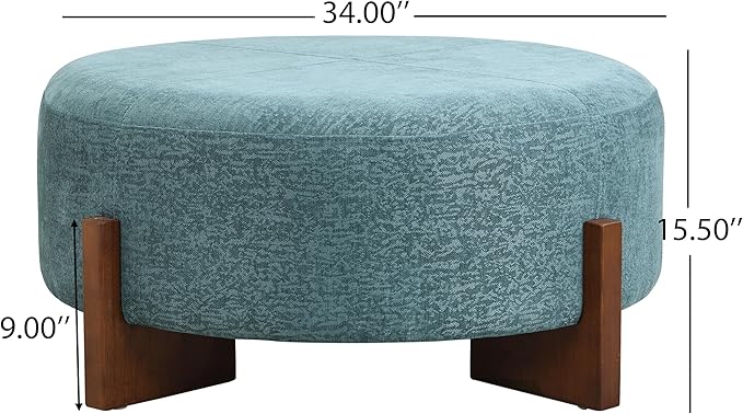 Christopher Knight Home Holmes Modern Chenille Upholstered Ottoman Coffee Table, Wooden Round Cocktail Ottoman, Large Living Room Sofa Footstool/Footrest, Teal Blue+Walnut