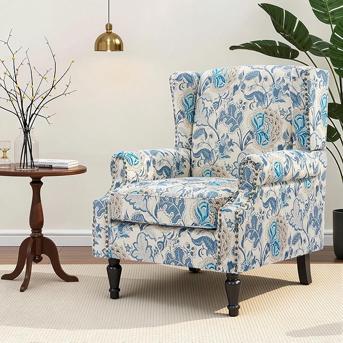 Wingback Chair, High Back Floral Accent Chair in Fabric, Comfy Upholstered Armchair with Nailhead Trim for Living Room, Single Sofa Reading Chair for Small Spaces, Bedroom-Boho Blue