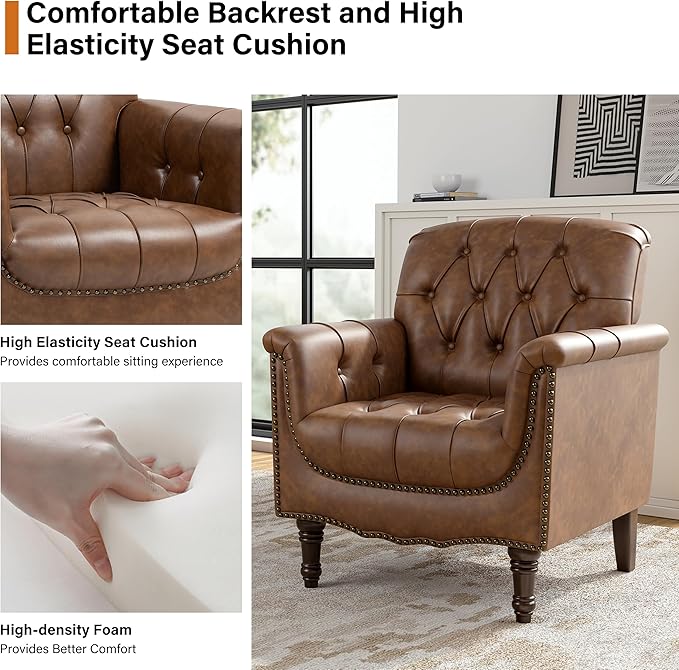 Faux Leather Club Chairs Set of 2, Retro Upholstered Armchair Accent Chair with Solid Wood Legs & Nailhead Trim for Living Room/Reading Room, Brown
