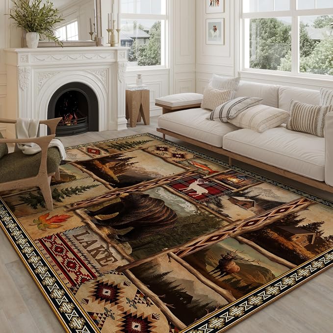 Vintage Moose Bear Cabin Rugs for Living Room 5'x7', Non-Slip Machine Washable Farmhouse Rustic Lodge Area Rug Carpet for Bedroom Indoor Dining Floor Carpet, Brown Rustic Living Room Decor