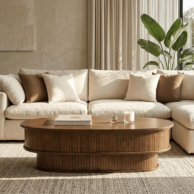 NTC Stream DOU Coffee Table, Modern Oval Wood Table with Removable Top Hidden Storage, Double-Layer Design with Vertical Groove Detail, Contemporary Center Table for Living Room, Dark Walnut
