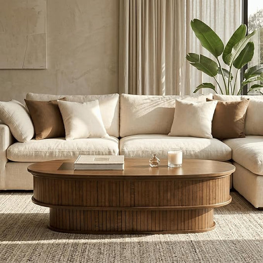 NTC Stream DOU Coffee Table, Modern Oval Wood Table with Removable Top Hidden Storage, Double-Layer Design with Vertical Groove Detail, Contemporary Center Table for Living Room, Dark Walnut