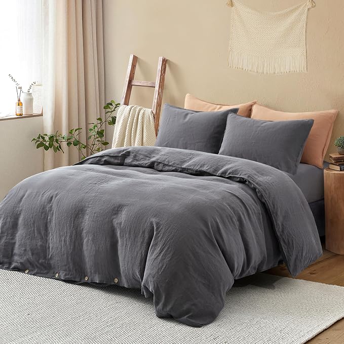 ATLINIA 100% Flax Linen Duvet Cover Set - Stone Washed Pure French Linen Organic Fabric for Farmhouse Comforter Boho Bedding Included 1 Duvet Cover 2 Pillow Shams(Dark Grey, King)