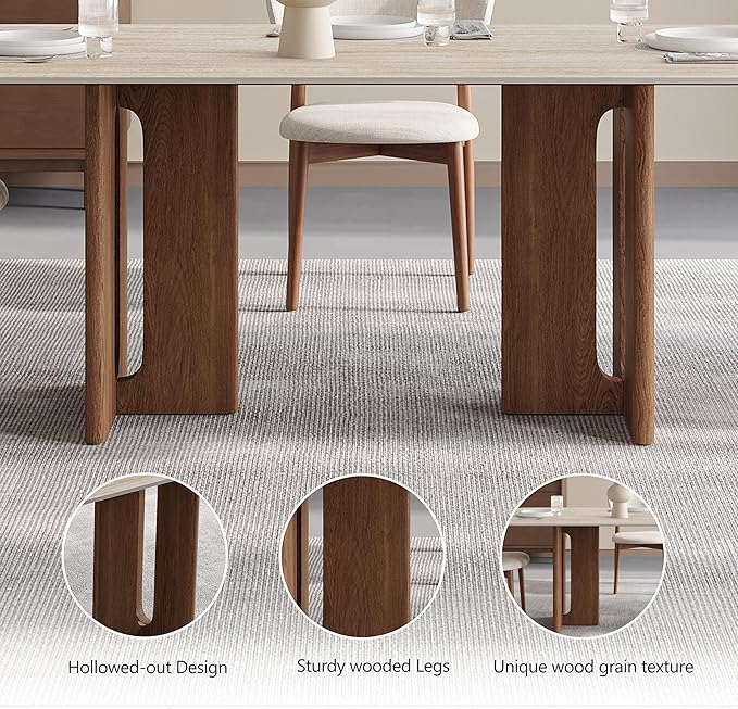 Travertine Dining Table for 4-6, Modern Kitchen Table, Easy Assembly Rectangular Dining Room Table with Solid Wood Legs in Walnut Finish (63-Inch, Table Only)