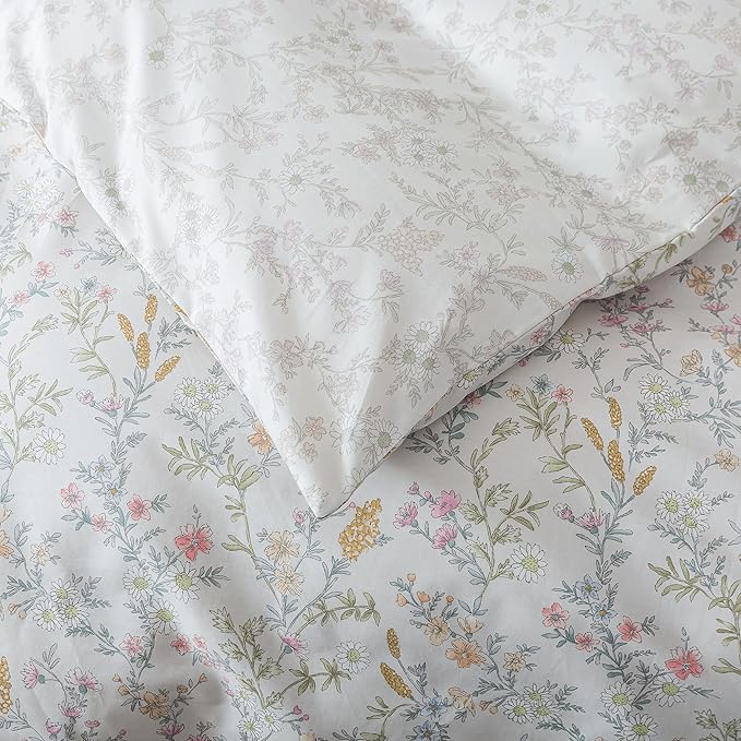 HoneiLife Wildflower Duvet Cover Queen - 100% Cotton Comforter Cover Sets, 3-PC Comfortable Floral Duvet Cover Sets, Botanical Duvet Cover with Zipper Closure & Corner Ties, Lively Spring