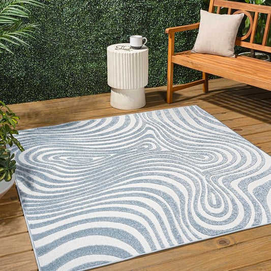 JONATHAN Y Maribo High-Low Abstract Striped Light Blue/Ivory 8x8 Square Indoor/Outdoor Area Rug, Pet Friendly, Non-Shedding, Stain Resistant, Easy-Cleaning for Backyard, Patio (SCN103C-8SQ)
