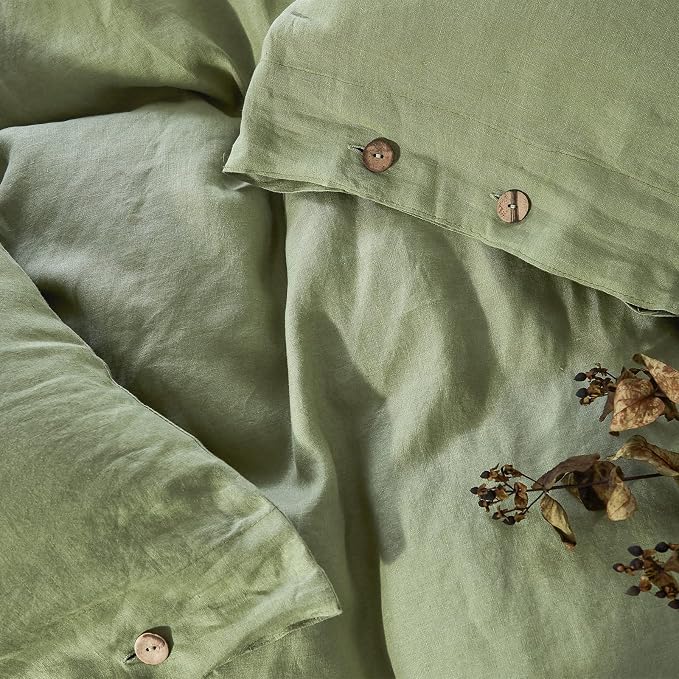 Simple&Opulence 100% Linen Duvet Cover Set 3pcs with Coconut Button Closure Natural French Washed Flax Solid Color Soft Breathable Farmhouse Bedding - Sage Green, King Size