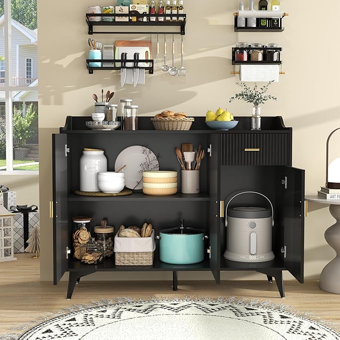 Black Buffet Cabinet with Storage: 47" Fluted Sideboard Cabinet with Drawers, Wood Accent Cabinet with 3 Doors, Wood Credenzas for Living Room, Kitchen (47")