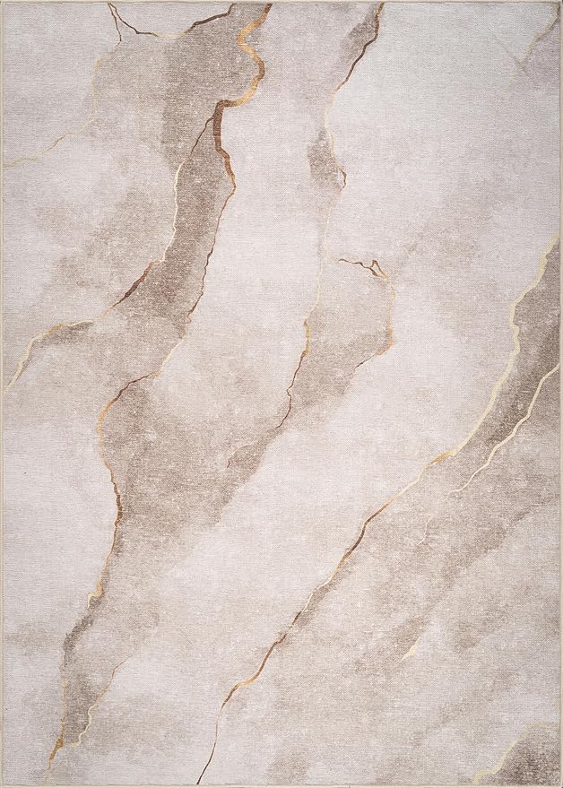 Bloom Rugs Caria Washable Non-Slip 9x12 Rug - Ivory/Gold Modern Abstract Area Rug for Living Room, Bedroom, Dining Room, and Kitchen - Exact Size: 9' x 12'