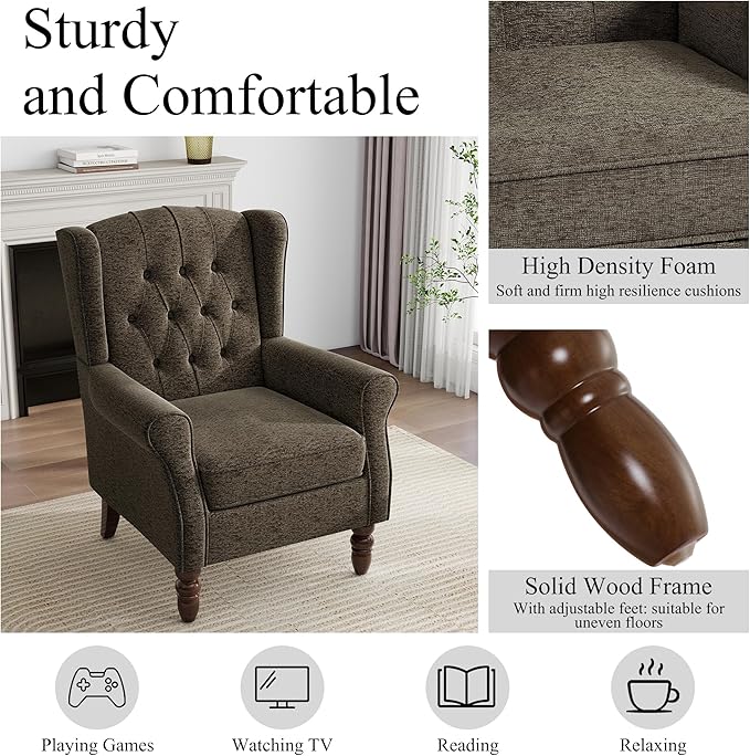 Pia Ricco High Back Floral Accent Chair - Retro Wingback Upholstered Armchair with Nailhead Trim, Solid Wood Legs, Fabric Living Room Bedroom Reading Chair (Taupe)