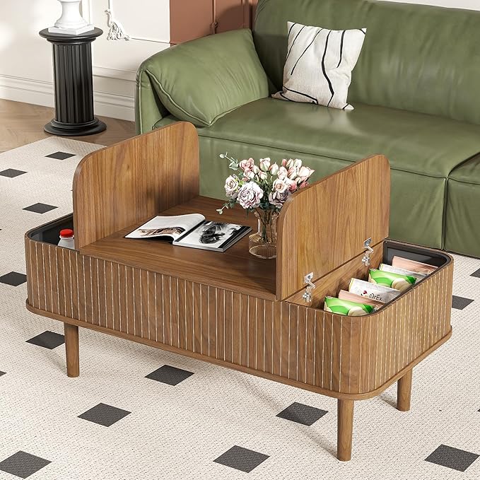 Fluted Lift Top Coffee Table with Storage, Mid Century Modern Coffee Table for Living Room, Home Small Space,39.4" Fluted Center Table (Rectangle-Walnut, 39.4inch)