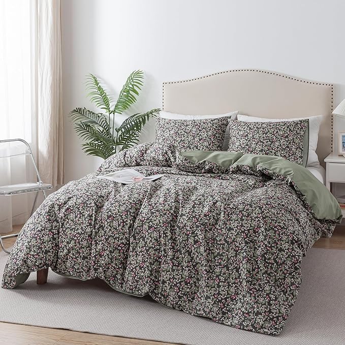 HoneiLife Duvet Cover Queen Size - Cotton Comforter Cover Floral Duvet Cover Sets 3-PC, Soft Bedlinen for Set with Zipper Closure & Corner Ties, Wildflower Comforter Cover Sets,Berry