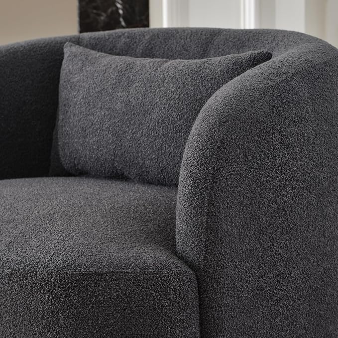 KINWELL 34" Wide Boucle Swivel Barrel Chair, No Assembly Round Upholstered Armchair Accent Chair Single Sofa Chair with Toss Pillow for Living Room and Bedroom, Dark Grey
