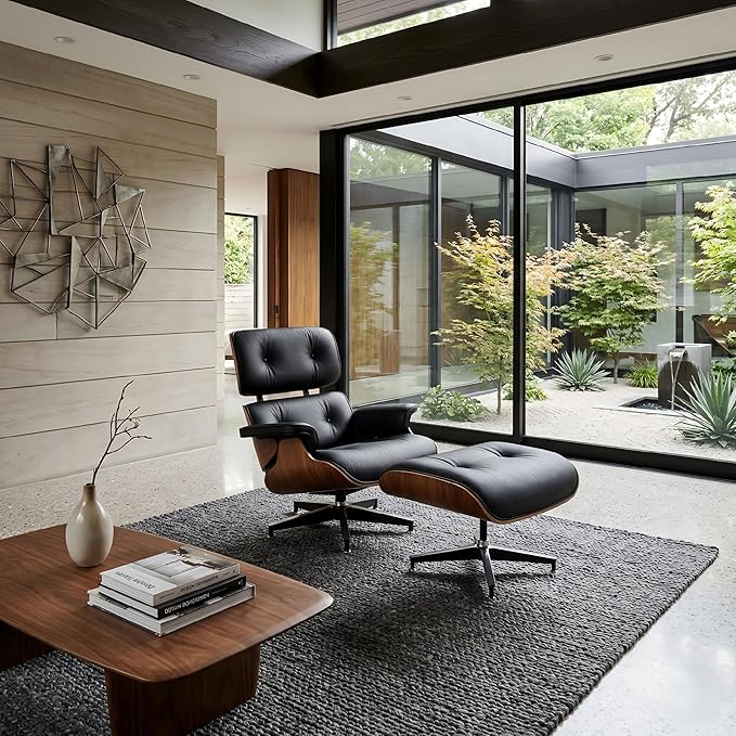Mid Century Chaise Lounge Chair with Ottoman, Top Black Grain Leather, Modern Office Chair Classic Design, Heavy Duty Base Support for Living Room Study Lounge Office