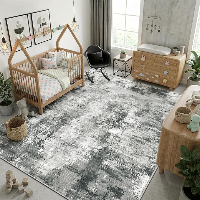 Merelax Washable Area Rugs 5'x8' Grey Abstract Rug for Living Room Bedroom Entryway Nursery, Dining Room and Farmhouse Rug, Non-Slip Modern Indoor Low Pile Soft Floor Carpet, Gray Print Pattern