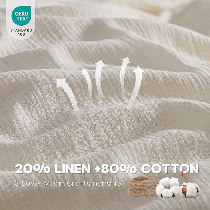 Simple&Opulence Linen Muslin Duvet Cover Set King Size, 3Pcs White Linen Cotton 3-Layer Gauze Minimalist Comforter Cover 104”x92”, Ultra Soft Breathable Seersucker Bedding Set with 2 Pillowcases