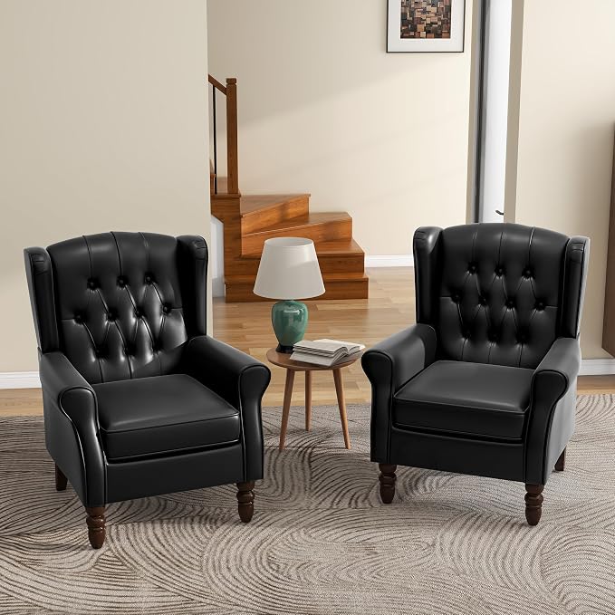Faux Leather Accent Chairs Set of 2, High Back Upholstered Armchair for Living Room, Wingback Chair Comfy Single Sofa Bedroom Reading Seat with Solid Wood Legs - Black