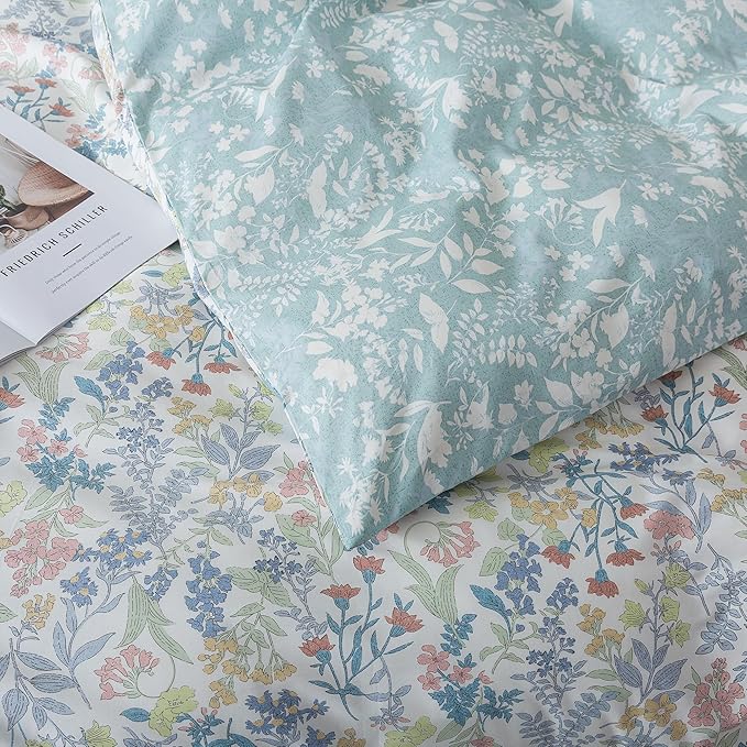 HoneiLife Cotton King Duvet Cover - Floral Comforter Cover 3-Piece, Botanical Bedlinen Set with Zipper Closure & Corner Ties, Wildflower Comforter Cover Sets All Season Use