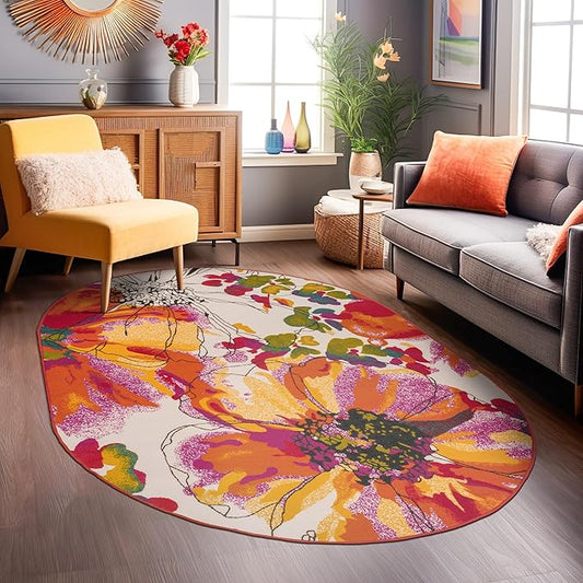 Rugshop Multi Bright Flowers Non Slip Non-Shedding Oval Area Rug for Dining Room, Living Room and Bedroom, 5' x 7'