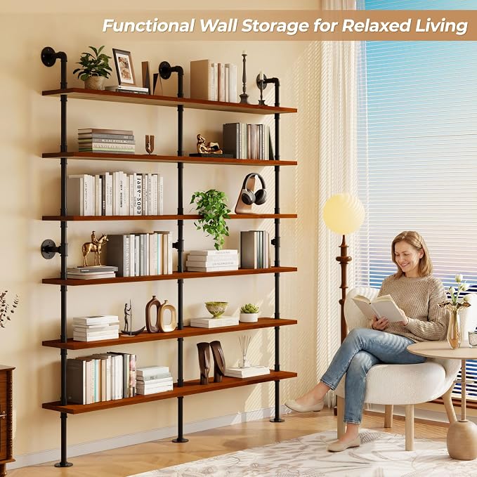 Industrial Ladder Shelf Bookcase, Wall Mounted Rustic Bookshelf, Retro Wood Metal Pipe Industrial Shelves for Living Room(Walnut Brown, 6 Tier - 10" D x 70" W x 82.5" H)