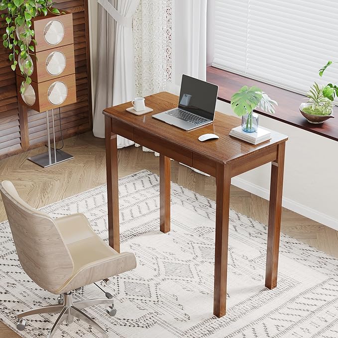 100% Solid Wood Desk with Drawers 32 x 16 Inch Mid Century Modern Narrow Desk Vintage Small Writing Wooden Desks for Small Spaces Bedroom, Living Room, Office