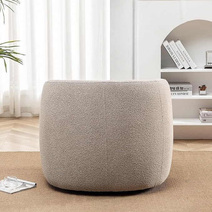 KINWELL 34" Wide Boucle Swivel Barrel Chair, No Assembly Round Upholstered Armchair Accent Chair Single Sofa Chair with Toss Pillow for Living Room and Bedroom, Taupe