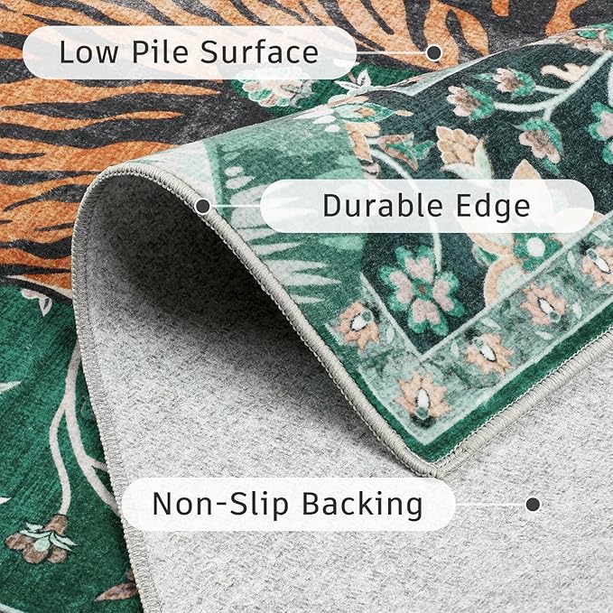 DCX Washable 5x7 Tiger Area Rug, Green Vintage Animal Rug for Living Room, Soft Low Pile Carpet, Kid & Pet Friendly with Rubber Back Non Slip, Tiger Rug for Bedroom Dining Room Office