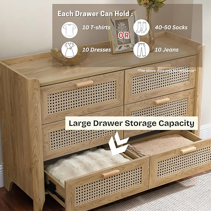 ELISA HOME Rattan-Inspired 6 Drawer Dresser for Bedroom, 47.2″ W Modern Wide Chest of Drawers, Wood Storage Organizer for Clothes, Entryway, Hallway, Nursery or Living Room, Oak