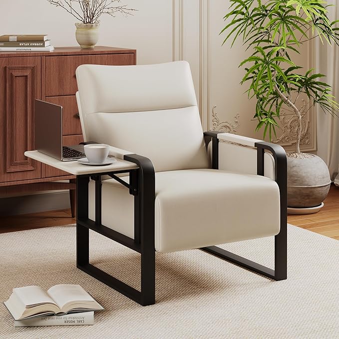 Upholstered Living Room Chair Armchair Set of 2, Mid Century Faux Leather Metal Accent Chair, Reception Couch Office Guest Chair Slipper Club Lounge Single Sofa with Sidetable for Bedroom-Beige