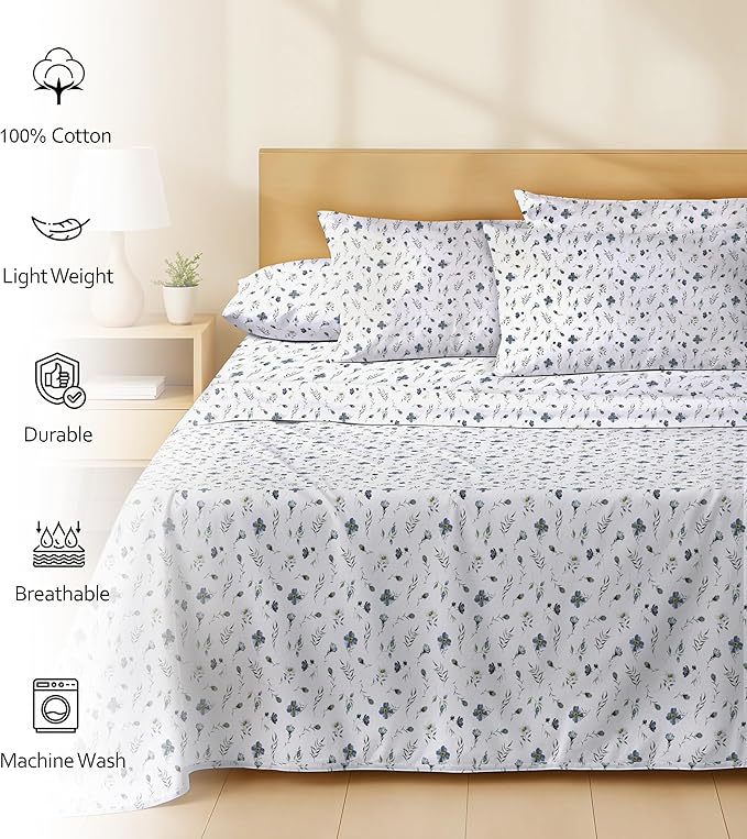 RUVANTI 100% Cotton Percale Sheets Queen Size 6 Piece Set, Cooling Bed Sheets for Hot Sleepers, Deep Pocket 16”, Breathable Lightweight & Durable, Crisp Hotel Style Sheets, Coastal Blue