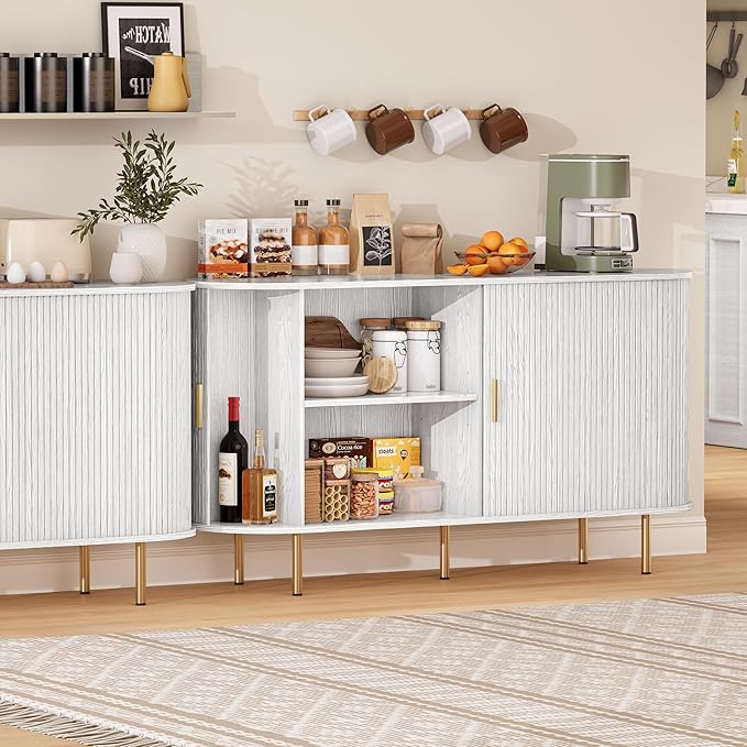 DHH Sideboard Buffet Cabinet with Storage,Mid Century Modern Fluted Accent Coffee Bar Console Table,Tambour Sliding Doors& Adjustable Shelf for Kitchen, Living Room, Entryway(White,55 Inch)