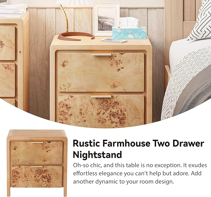 COZAYH Farmhouse Nightstand Set of 2 with Drawer, Distressed Wood Retro Accent Bedside Table, Fully Assembled Side Table for Bedroom, Rustic, Natural, Burl