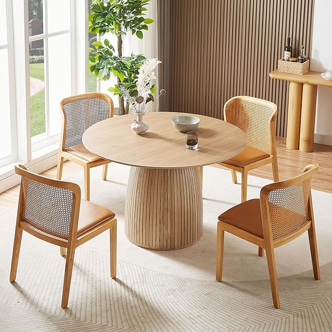 47.24" Round Dining Table for 4 6 People, Modern Farmhouse Wood Dining Room Table with Circle Table Top & Fluted Circular Drum Pedestal Base for Kitchen, Restaurant, Café, Oak