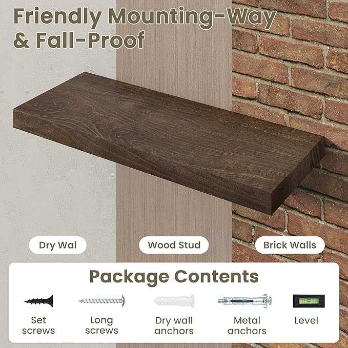 Fun Memories Solid Elm Wood Floating Shelves Set of 2-32 Inch Rustic Wall Shelves with Heavy-Duty Invisible Brackets - for Living Room, Kitchen, Bedroom, Bathroom - Walnut Finish
