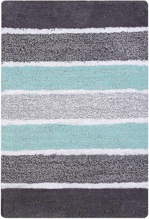 Bathroom Rugs Set 2 Piece Grey/Aqua Luxury Stripe Non-Slip Cotton Bath Mats for Bathroom Floor |Quick Dry Shaggy Carpet for Tub Spa Shower|Living Room Entry Way Door Mats |21x32 & 17x24 Inches