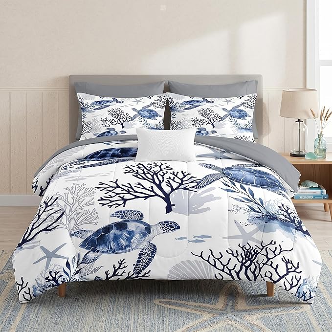 WeCozy 5 Pcs Twin Size Comforter Set with Pillowcase & Sham, Ocean Sea Coral Bedding for Kids and Adults, Blue Animal Turtle Bed in a Bag with Flat Fitted Sheet