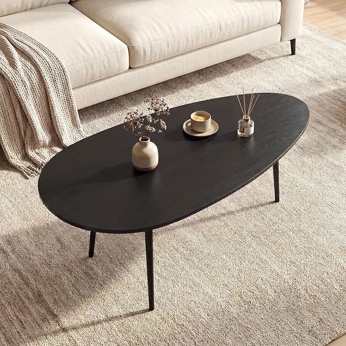 Giantex Oval Coffee Table, Mid Century Modern Center Table with Sturdy Metal Frame and Compact Design, Vintage Accent Cocktail Tea Table, Wood Living Room Tables for Small Spaces (Black)