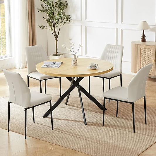 45.3'' Walnut Round Dining Table Set for 4, Mid Century Modern Small Coffee Set for Dining Room Kitchen Apartment (Cream Table + 4 White Chairs)
