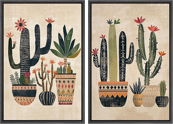 MUDECOR Framed Canvas Print Wall Art Set Mexican Cactus Tropical Botanical llustrations Modern Art Decorative Bohemian Calm/Zen for Living Room, Bedroom, Office - 16"x24"x2 Black