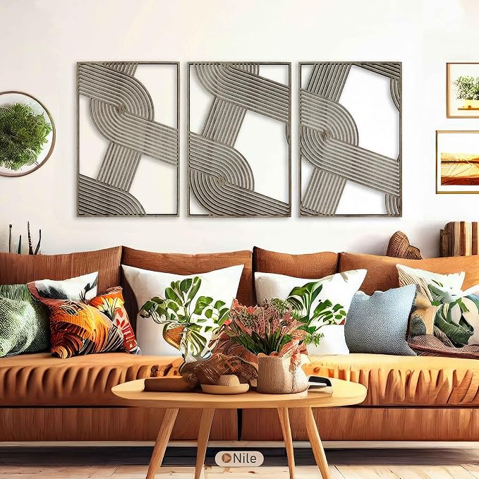 Abstract Wood Wall Art Set of 3, Geometric Overlapping Stripe Pattern, Large Mid Century Modern Wooden Panels, Minimalist Home Decor Gift