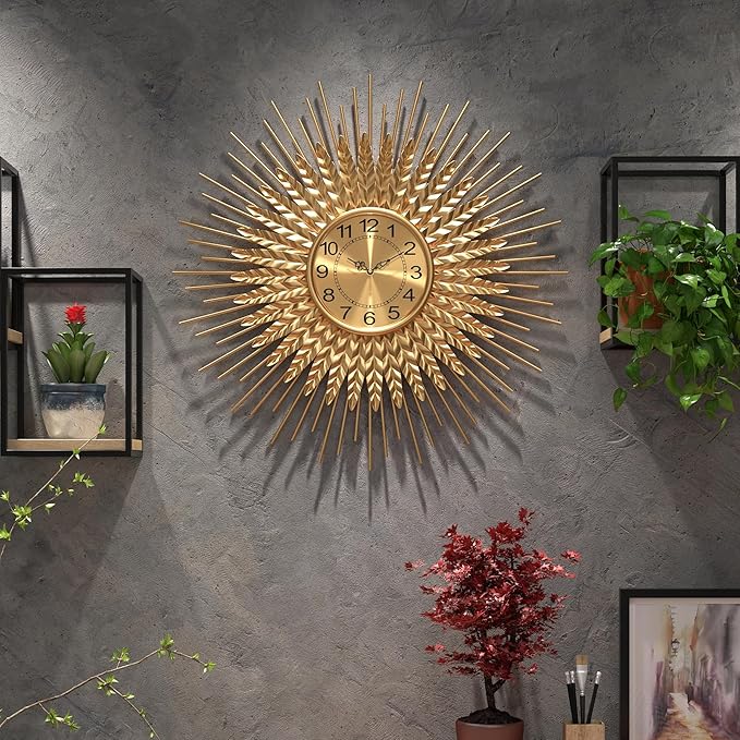 Large Mid Century Gold Wall Clock Decorative Modern Sunburst Wall Clocks, Metal Big Silent Non-Ticking Clock, Luxury Home Gift Decor for Living Room, Bedroom, Dining Room, 24 inch