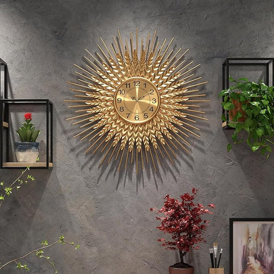 Large Mid Century Gold Wall Clock Decorative Modern Sunburst Wall Clocks, Metal Big Silent Non-Ticking Clock, Luxury Home Gift Decor for Living Room, Bedroom, Dining Room, 24 inch