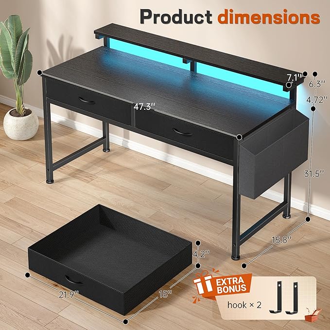 DurayLoly 47.3Inch Gaming Desk with LED Lights with 2 Drawers, Home Office Desk Computer Desk with Side Pocket & Ergonomic Monitor Stand, Small Space Study Writing Table with Anti-Tip Design,Black