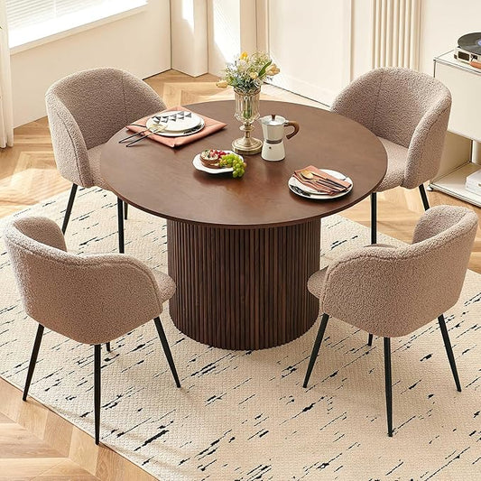 5 Piece 47-inch Round Dining Table Set for 4, Rustic Walnut Dinner Table with Upholstered Dining Room Chairs Brown, Engineered Wood Kitchen Table with Wood Strips Base