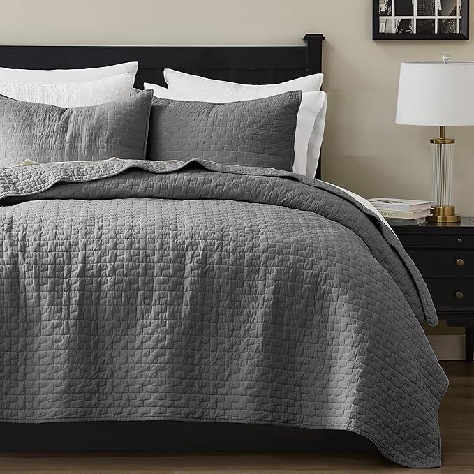 palassio Dark Grey 100% Cotton Quilt Twin Size Bedding Sets with 1 Pillow Sham, Textured Lightweight Soft Bedspread Shabby Chic Coverlet, Quilted Comforter Bed Cover for All Season, 2 Pieces