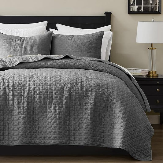 palassio Dark Grey 100% Cotton Quilt Queen Size Bedding Sets with 2 Pillow Shams, Textured Lightweight Soft Bedspread Shabby Chic Coverlet, Quilted Comforter Bed Cover for All Season, 3 Pieces