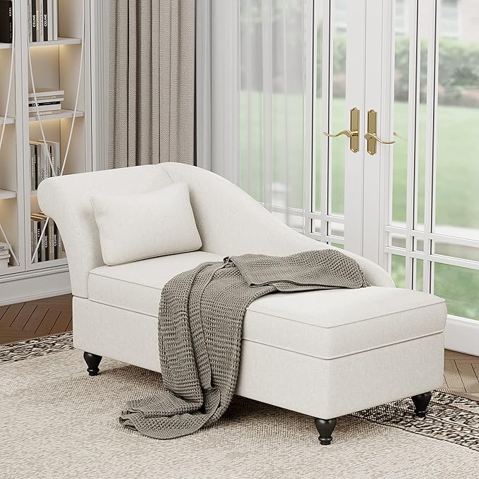 Storage Chaise Lounge Indoor, Linen Upholstered Chaise Lounge Chair with Storage for Bedroom Living Room Office Beige Fabric (Left Armrest)